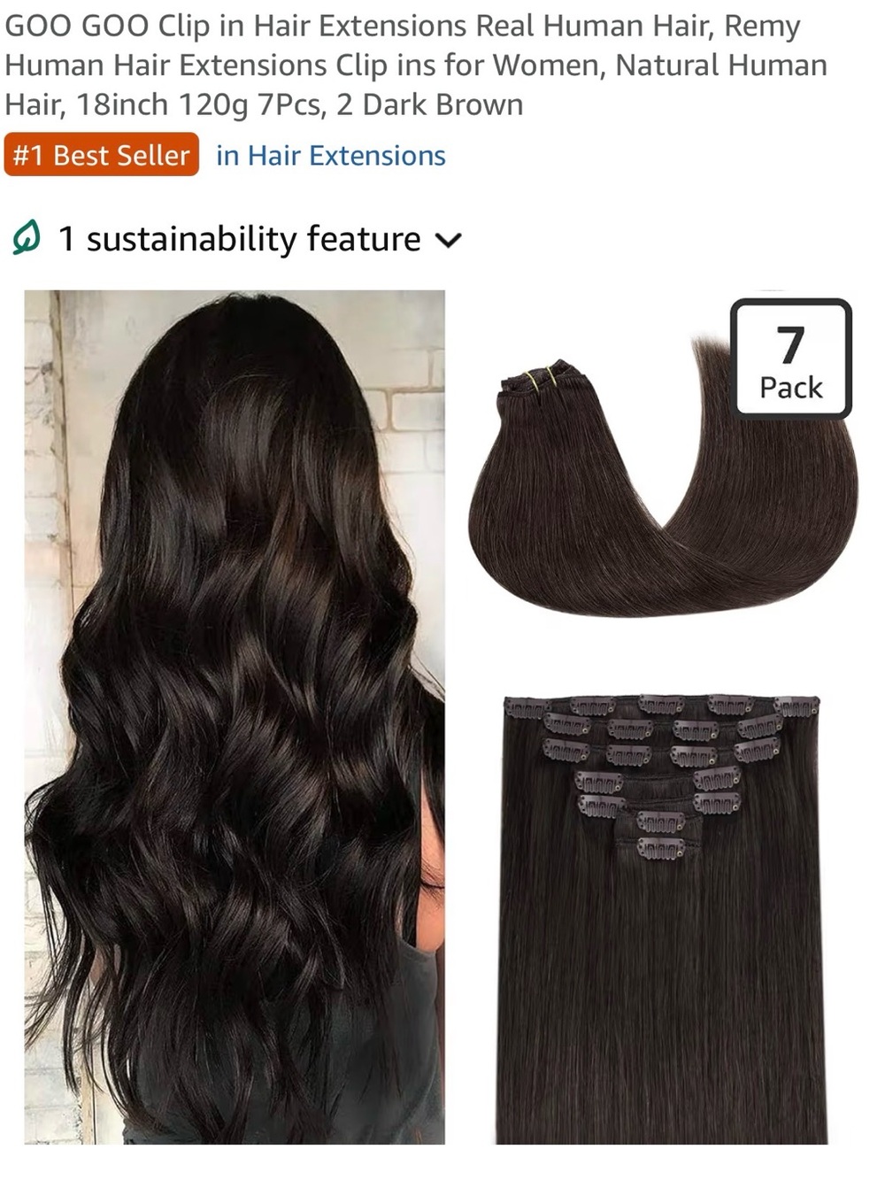 Dark Brown Clip-In Human Hair Extensions - 7 Pack, 18"